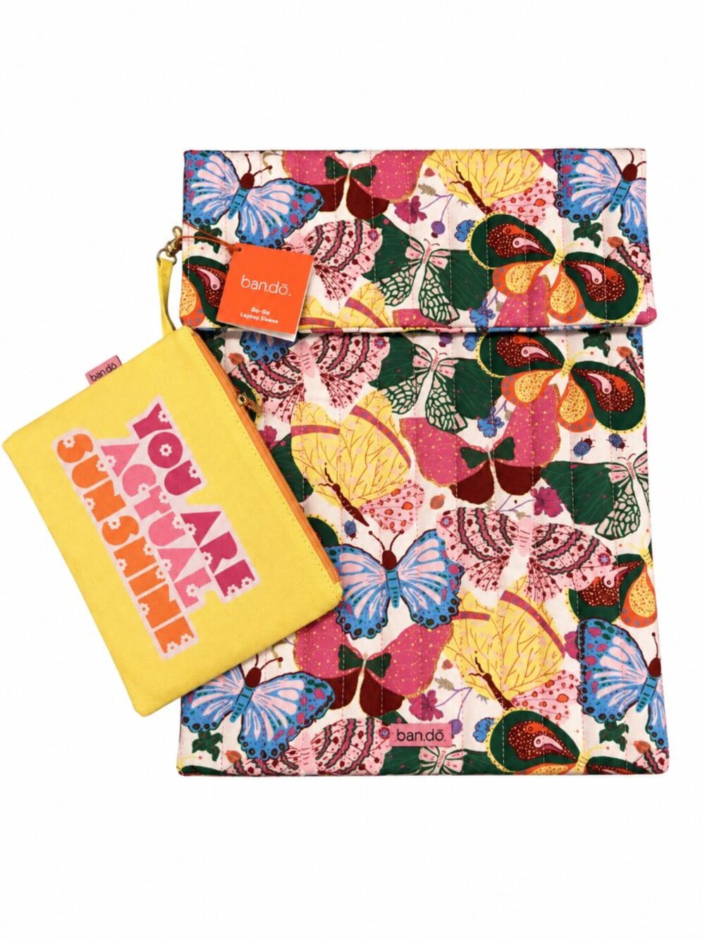 Ban.do Go-Go Laptop Sleeve Butterfly Print Quilted + You Are Sunshine Pouch NWT